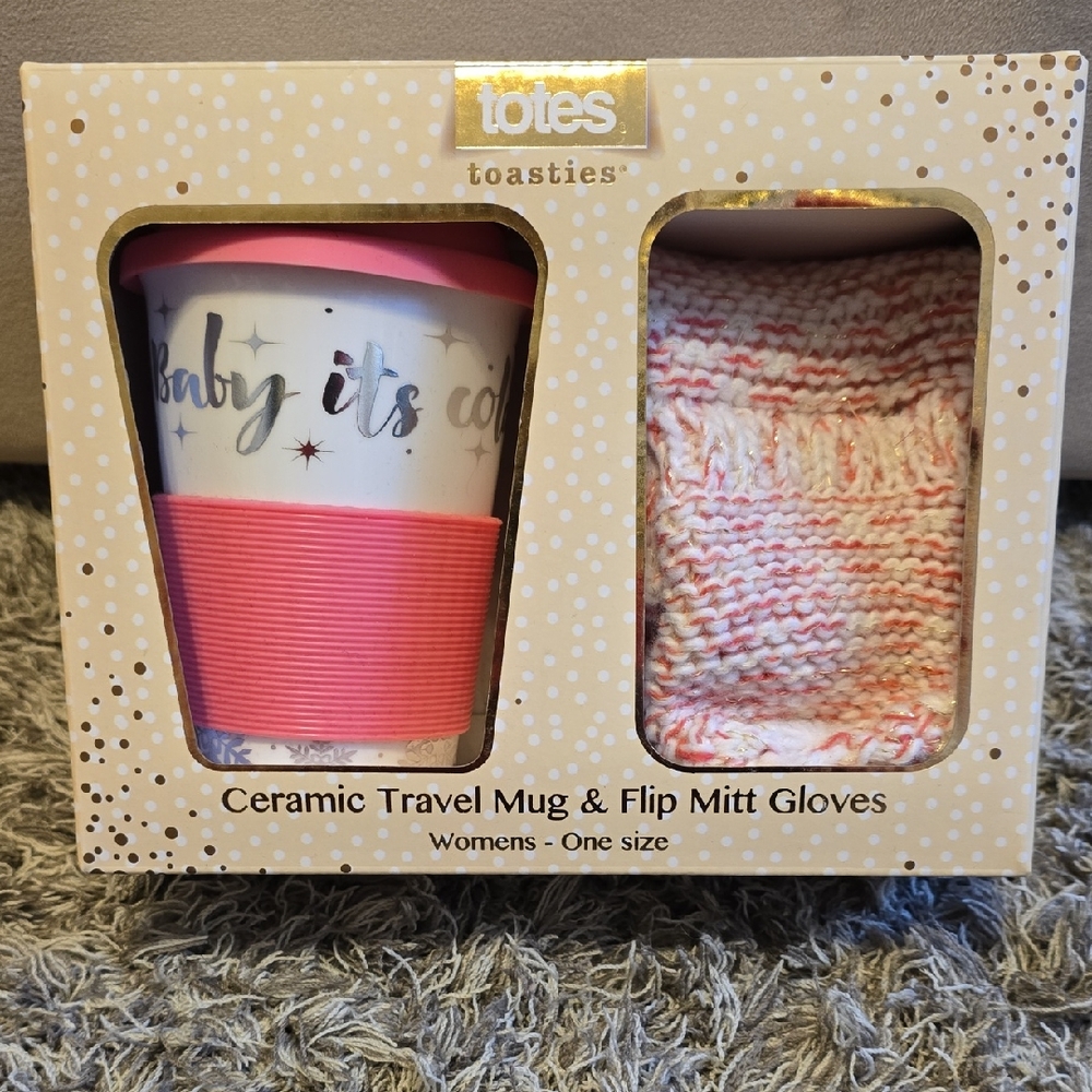 Totes Pink Ceramic Mug and Mittens Set